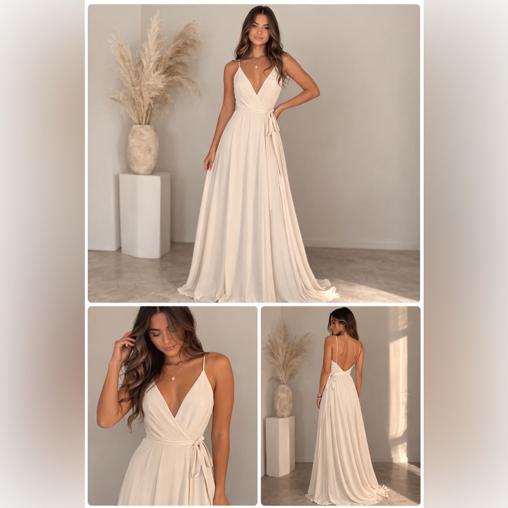 Sugarlips Cream Wrap Maxi Dress Flowy Spaghetti Strap Bridal Wedding Guest Sz L